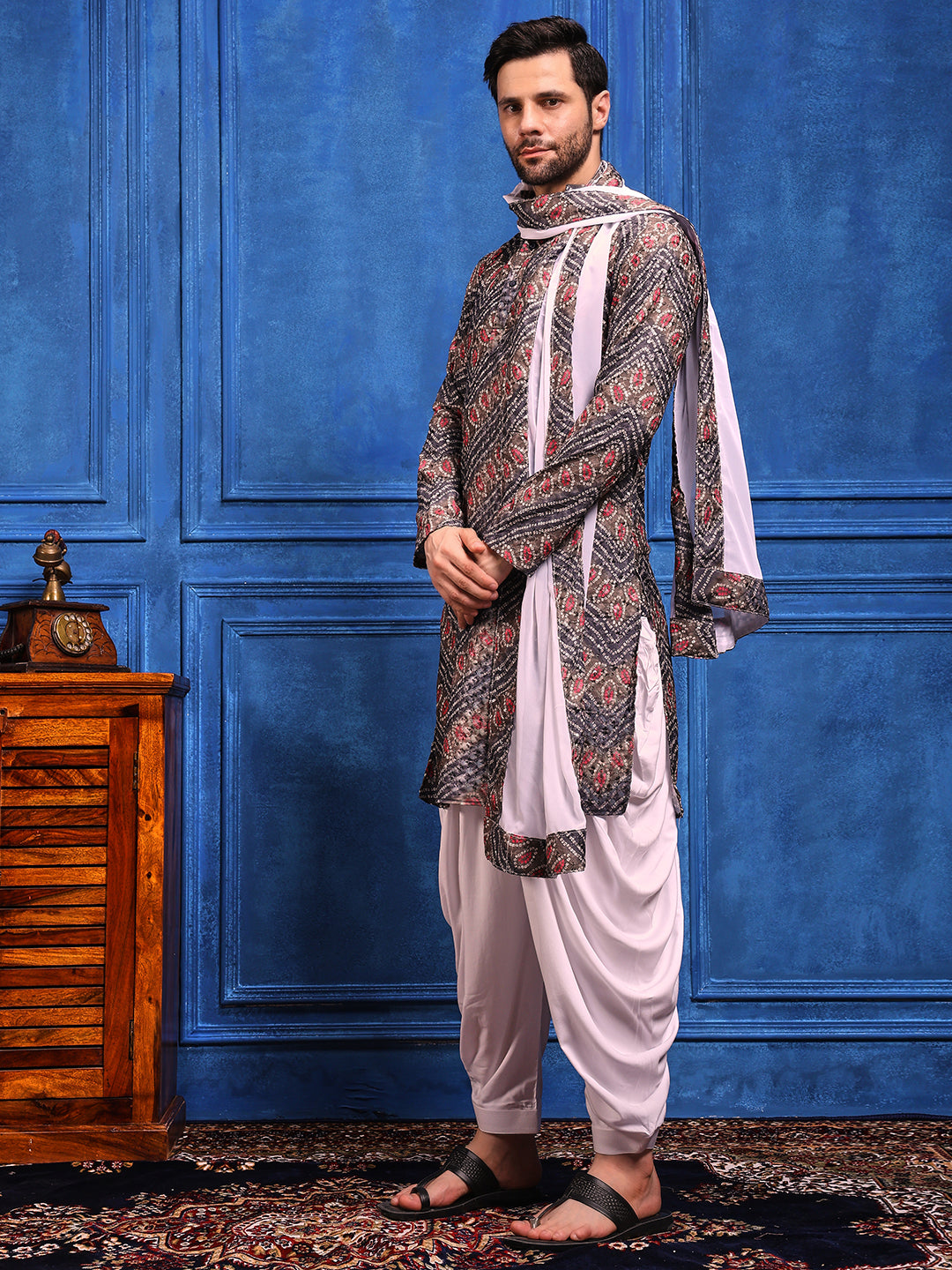 Grey Bandhani Printed Kurta Plus Dupatta Set