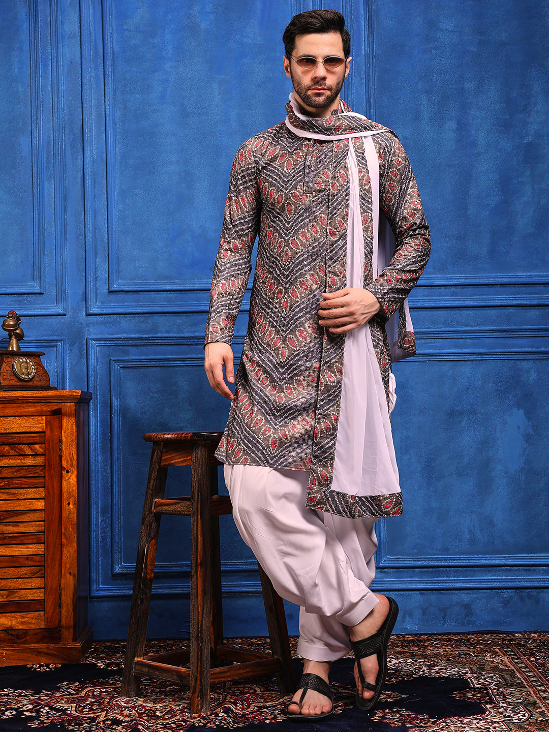 Grey Bandhani Printed Kurta Plus Dupatta Set