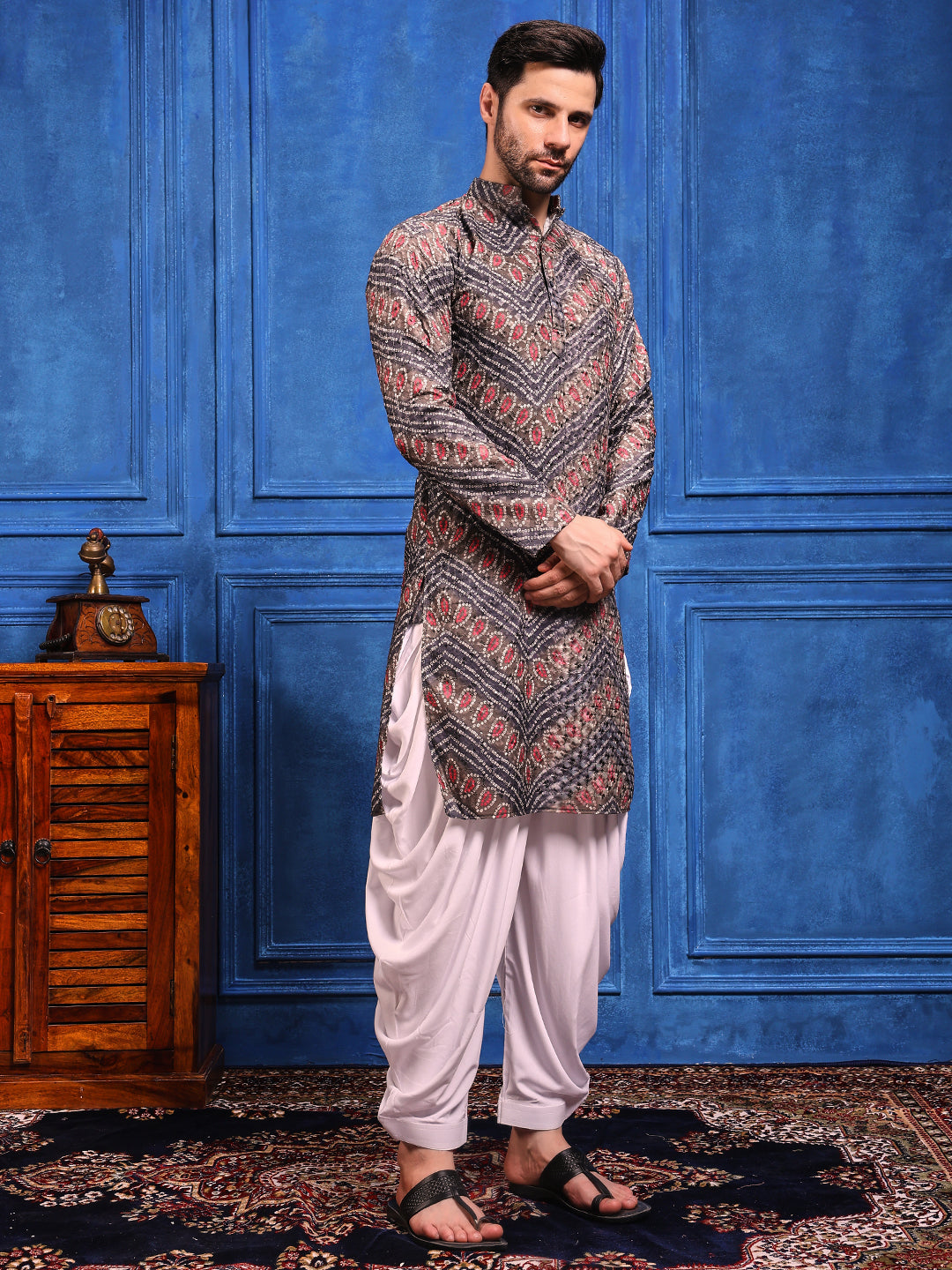 Grey Bandhani Printed Kurta Plus Dupatta Set