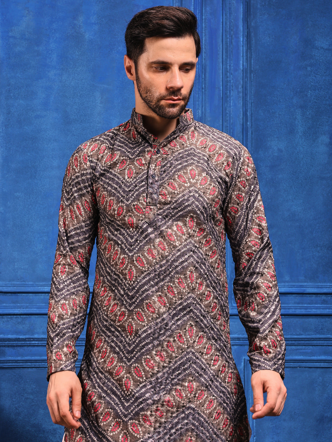 Grey Bandhani Printed Kurta Plus Dupatta Set