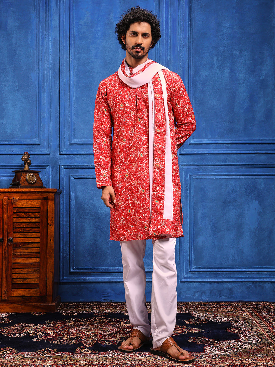 Red Bandhani Printed Kurta Plus Dupatta Set