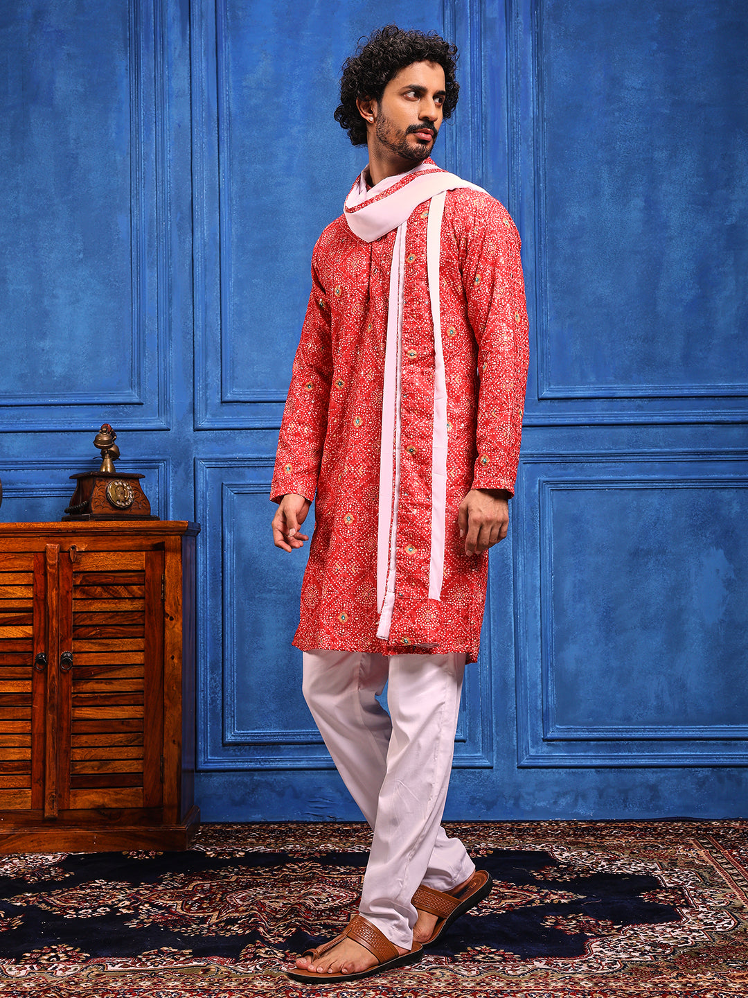 Red Bandhani Printed Kurta Plus Dupatta Set