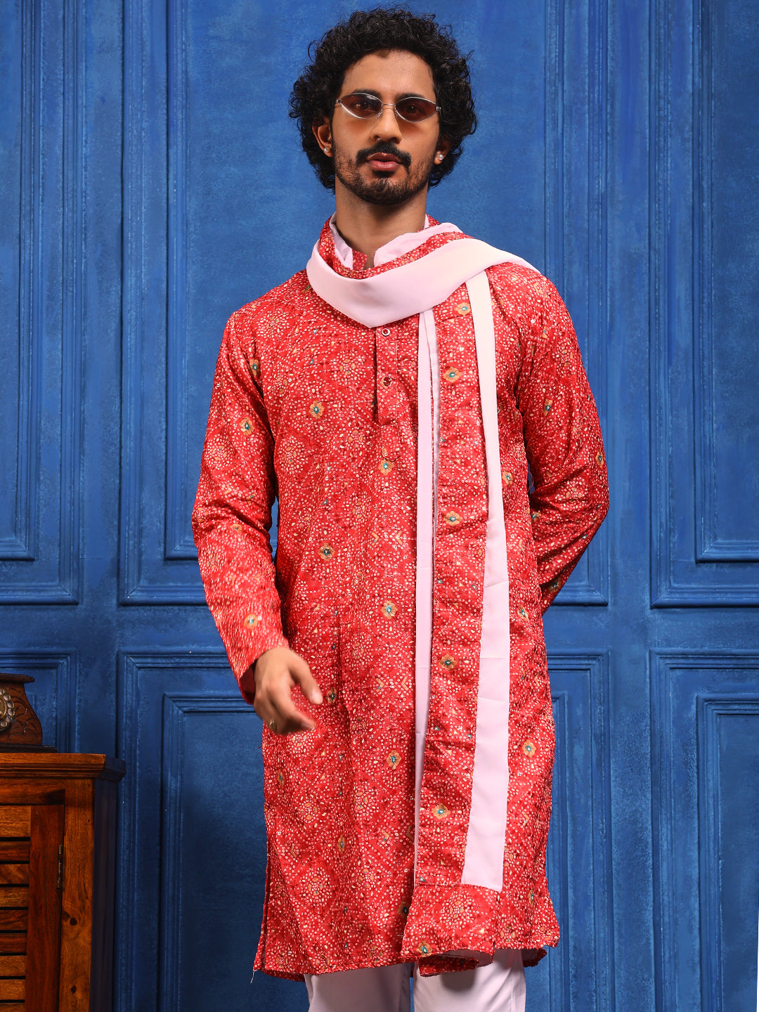 Red Bandhani Printed Kurta Plus Dupatta Set