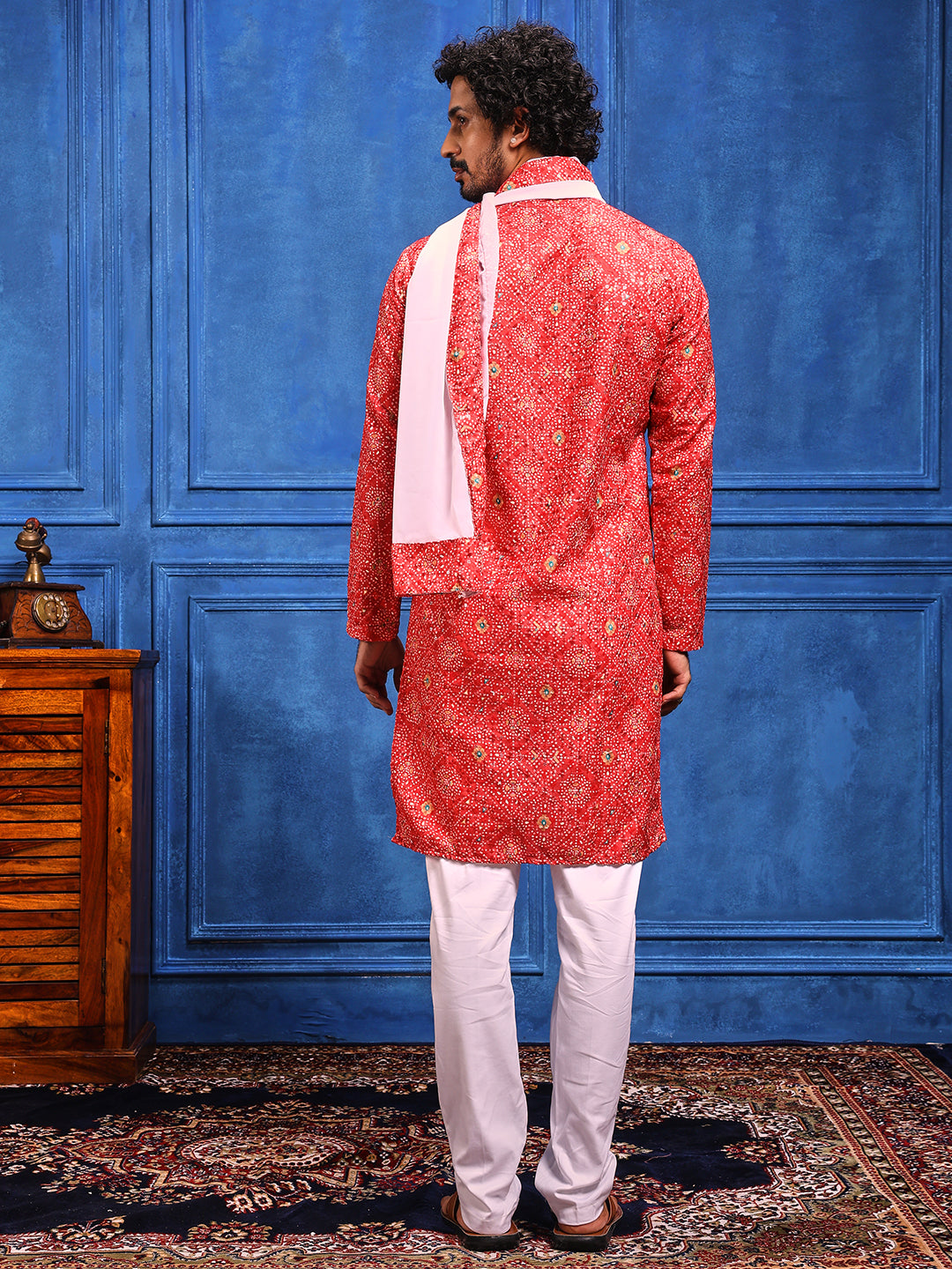 Red Bandhani Printed Kurta Plus Dupatta Set