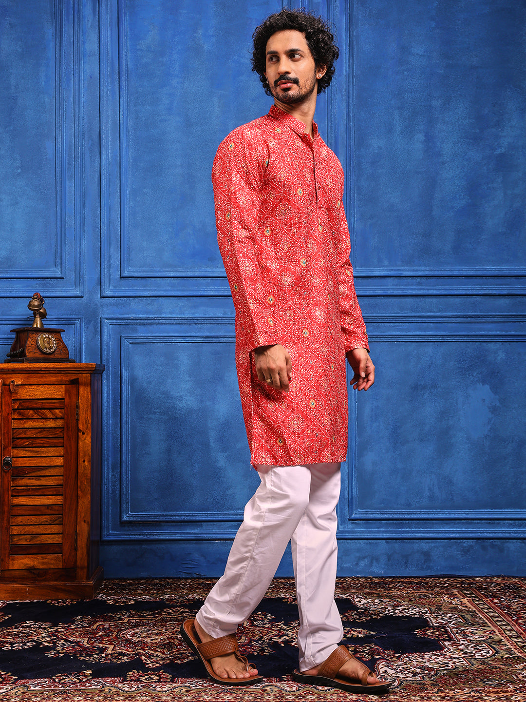 Red Bandhani Printed Kurta Plus Dupatta Set