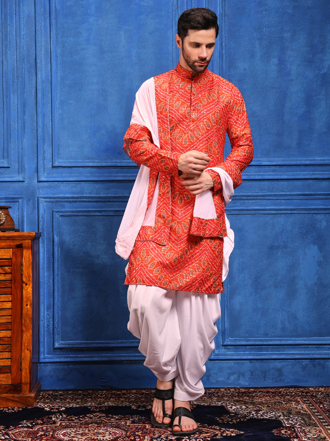 Bright Orange Bandhani Printed Kurta Plus Dupatta Set