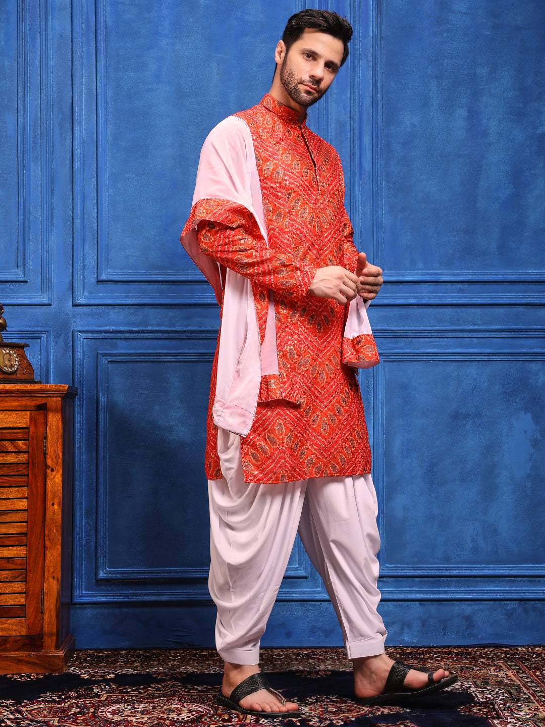 Bright Orange Bandhani Printed Kurta Plus Dupatta Set