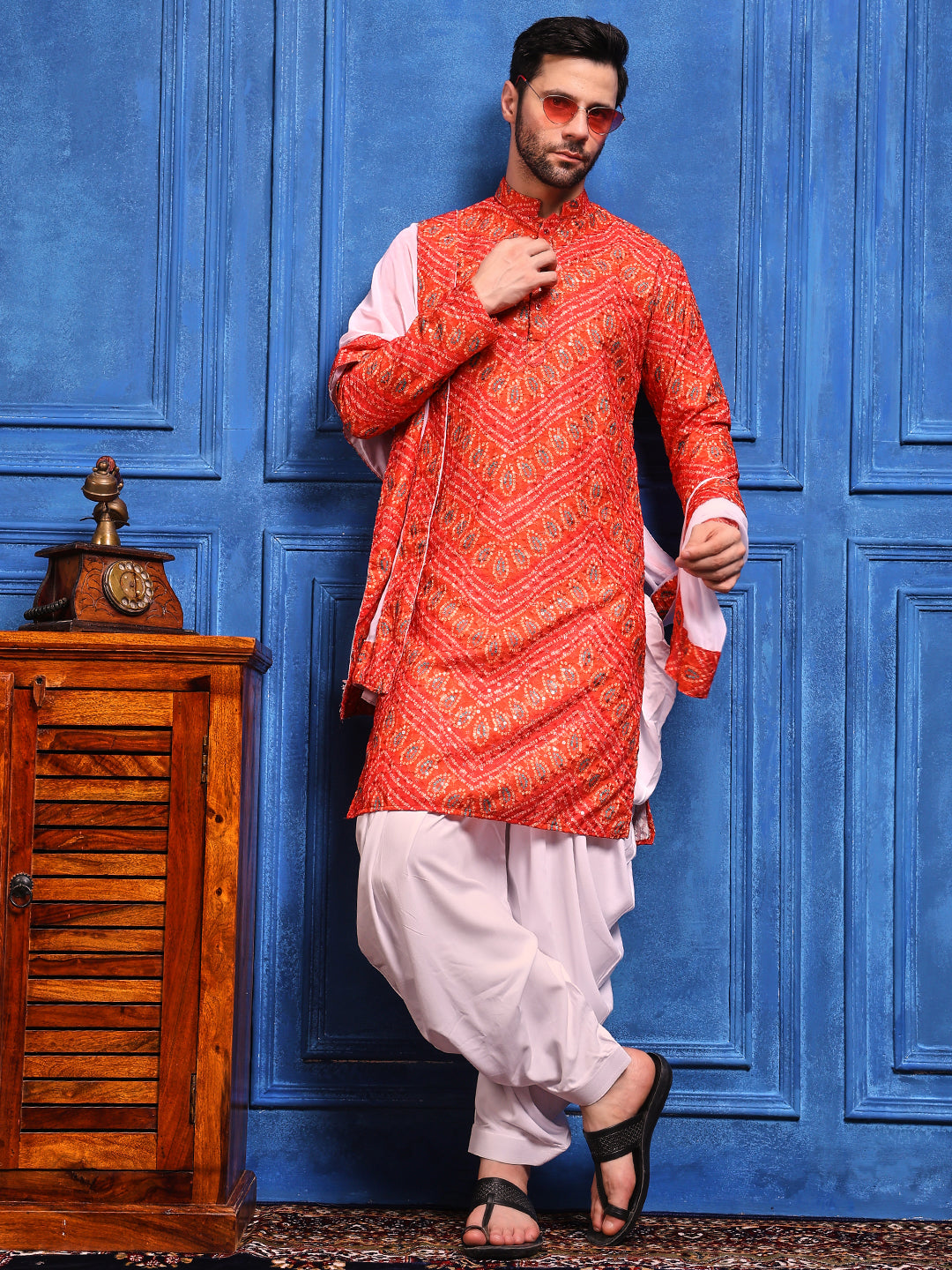Bright Orange Bandhani Printed Kurta Plus Dupatta Set