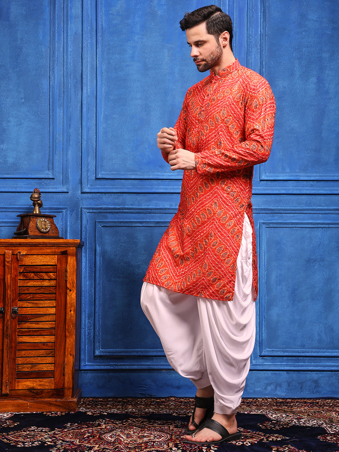 Bright Orange Bandhani Printed Kurta Plus Dupatta Set