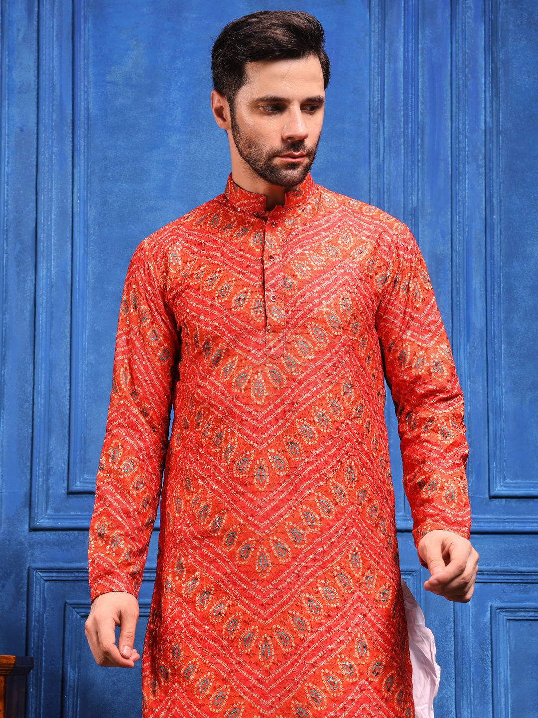 Bright Orange Bandhani Printed Kurta Plus Dupatta Set