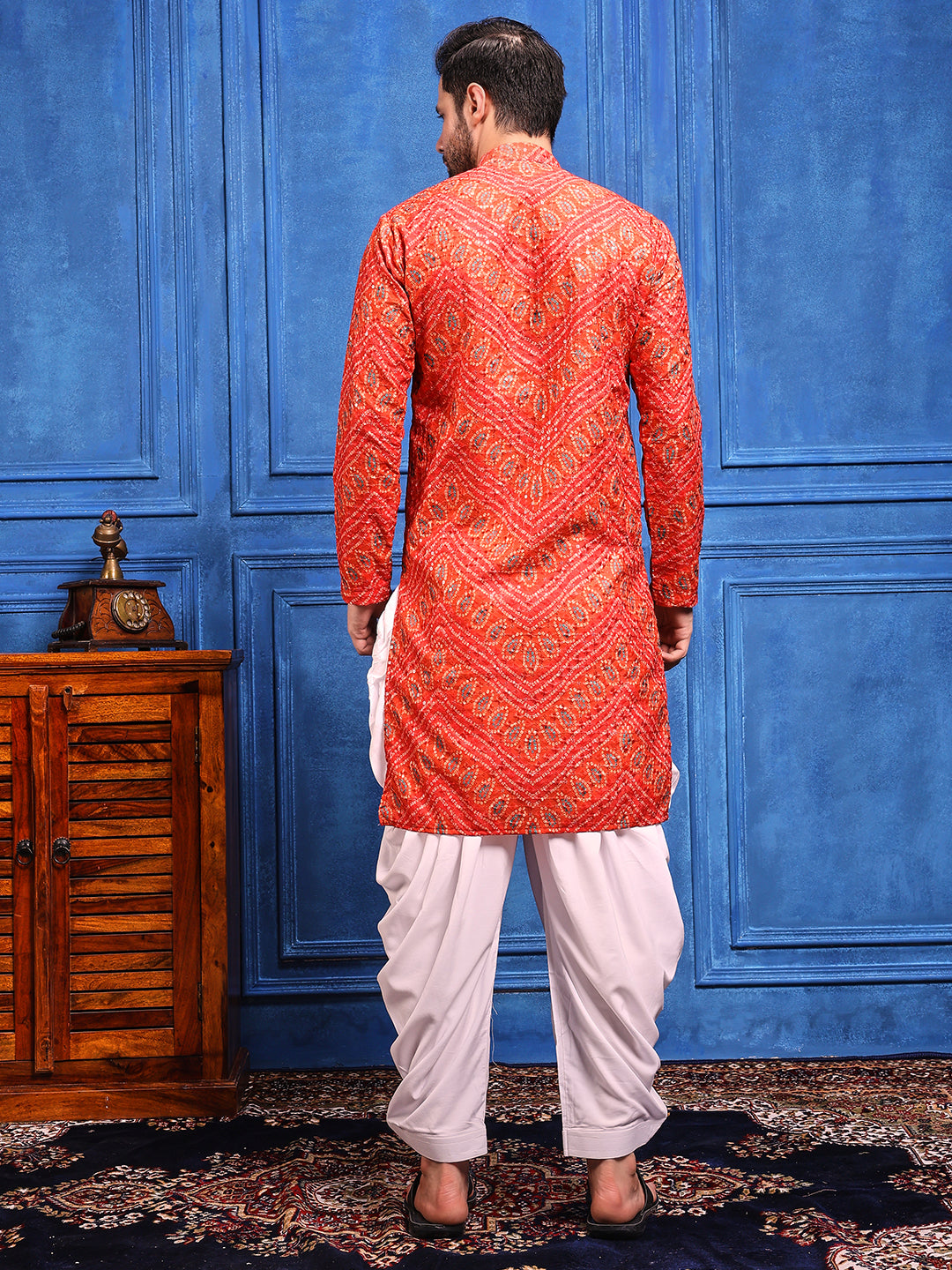 Bright Orange Bandhani Printed Kurta Plus Dupatta Set