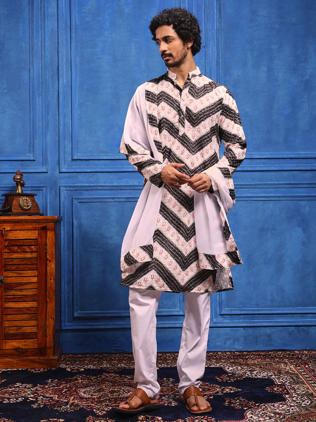 White/Black Bandhani Printed Kurta Plus Dupatta Set