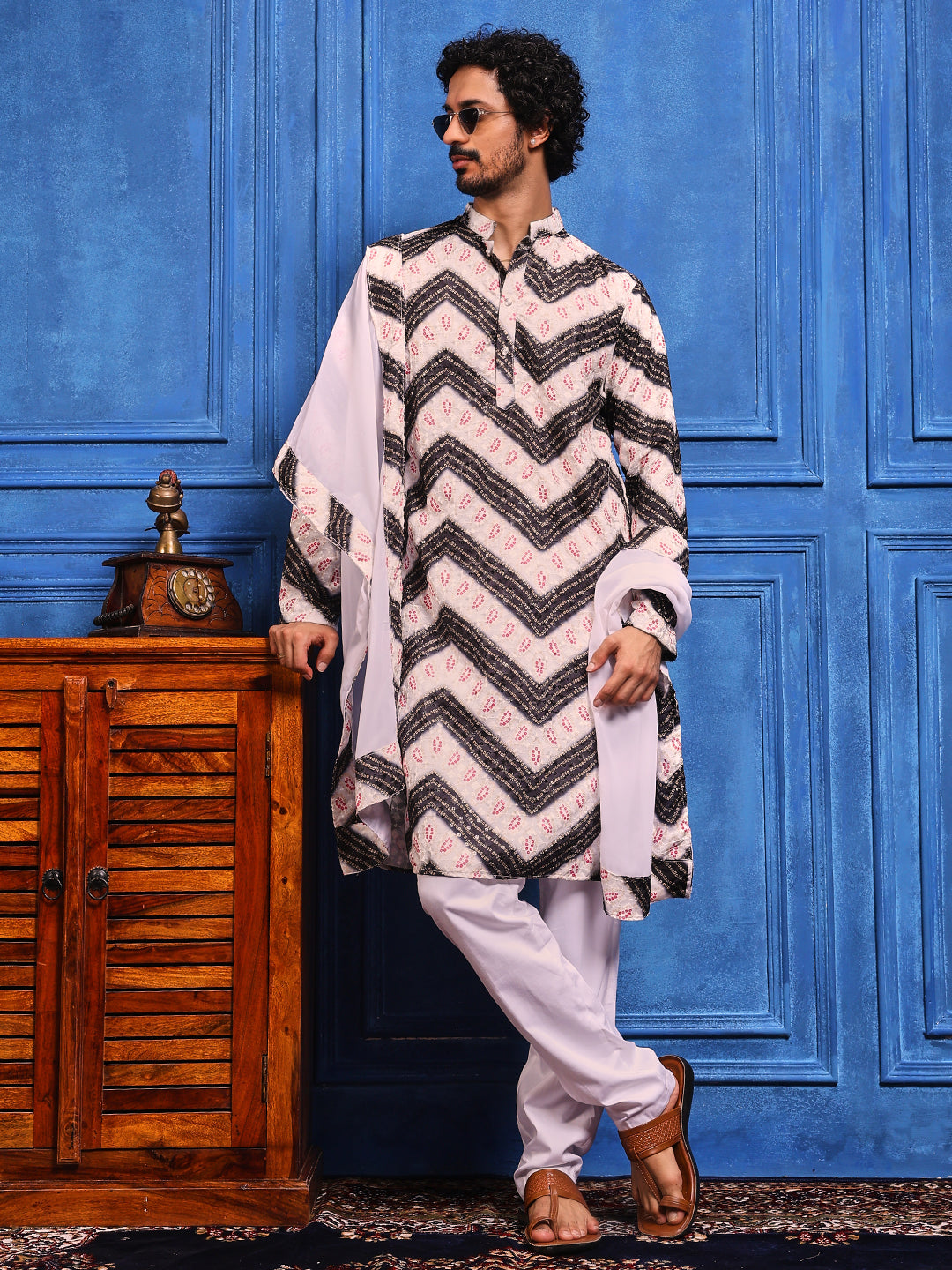 White/Black Bandhani Printed Kurta Plus Dupatta Set