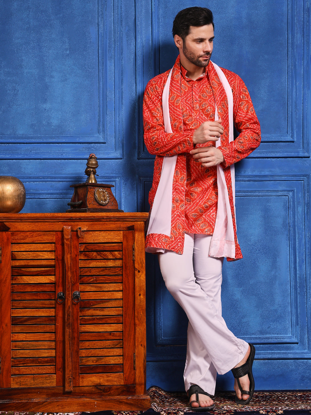 Bright Orange Bandhani Printed SHORT Kurta+Dupatta+pant set