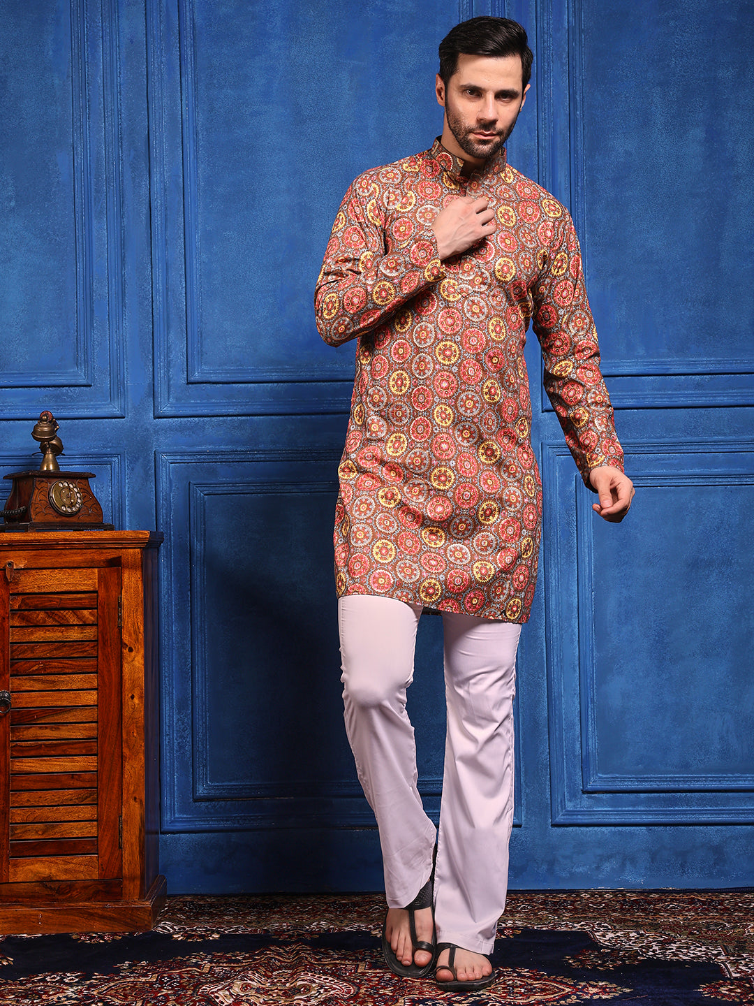 Brown Multicolored Printed Linen Kurta
