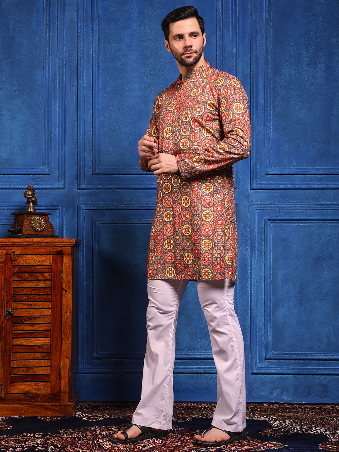 Brown Multicolored Printed Linen Kurta