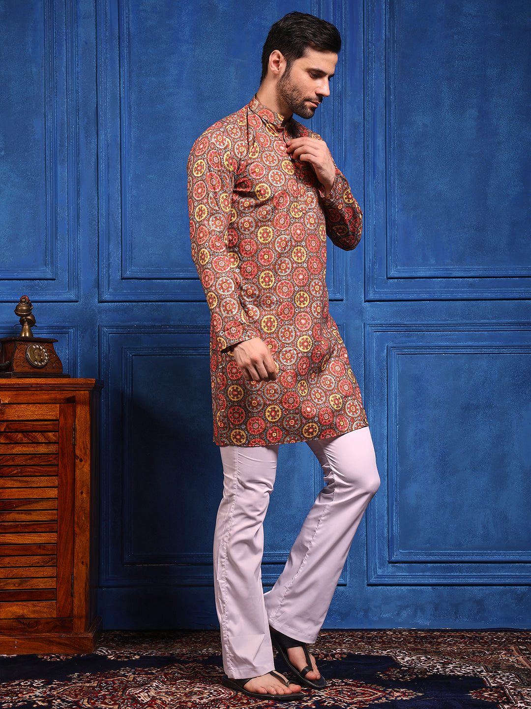 Brown Multicolored Printed Linen Kurta