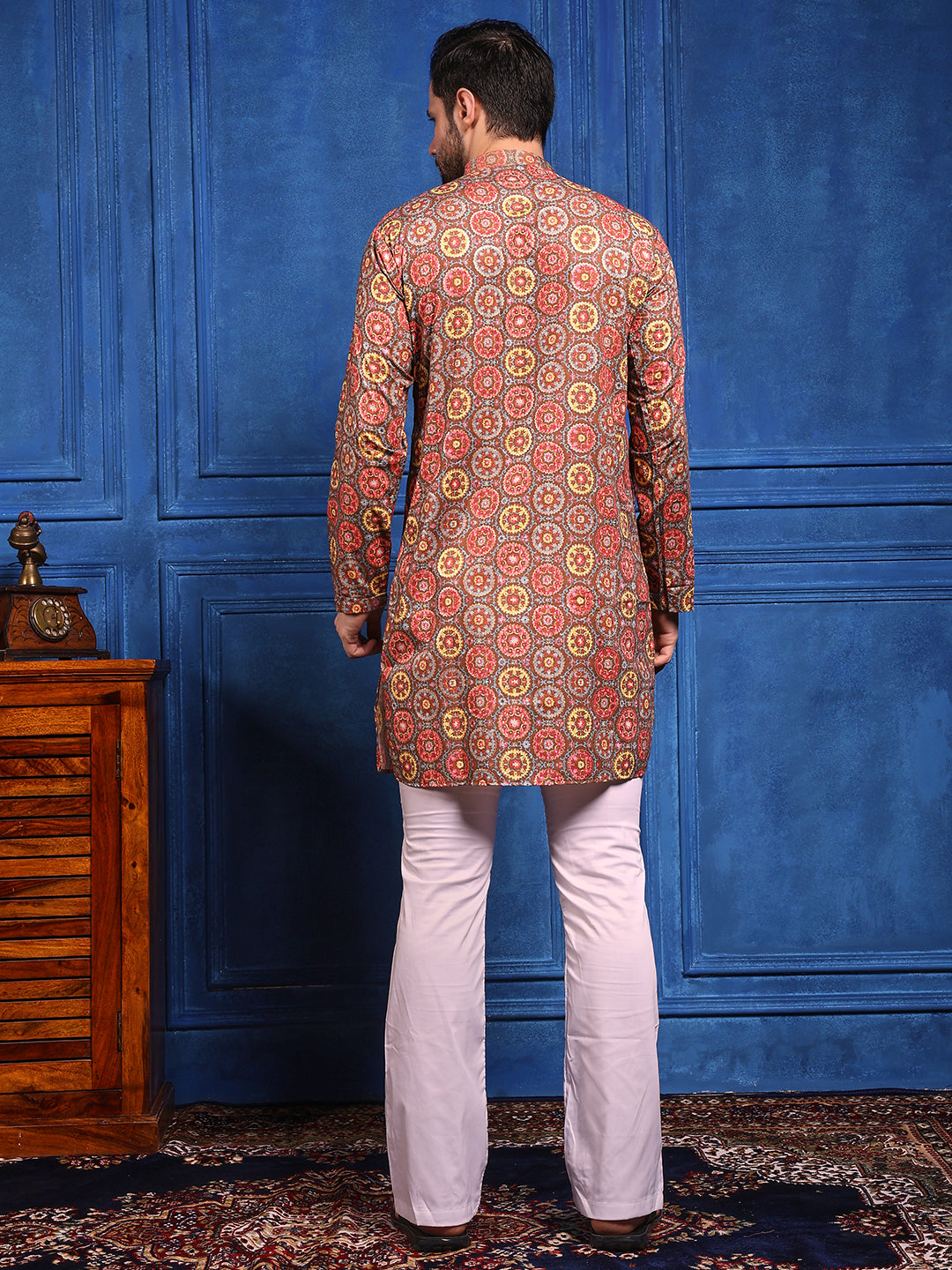 Brown Multicolored Printed Linen Kurta