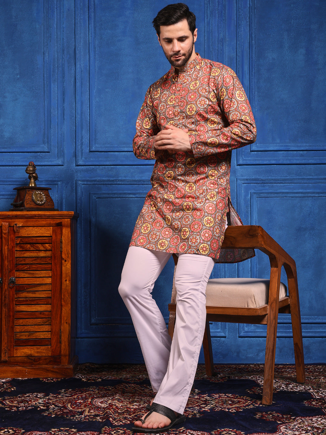 Brown Multicolored Printed Linen Kurta