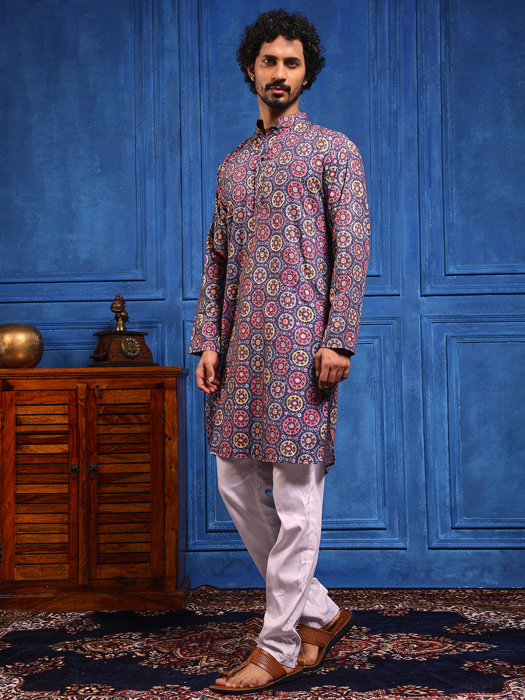 Navy Blue Multicolored Printed Linen Kurta