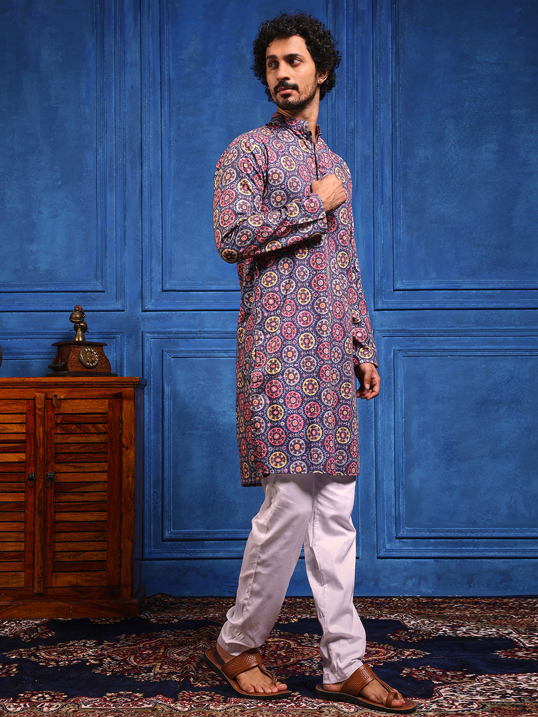 Navy Blue Multicolored Printed Linen Kurta