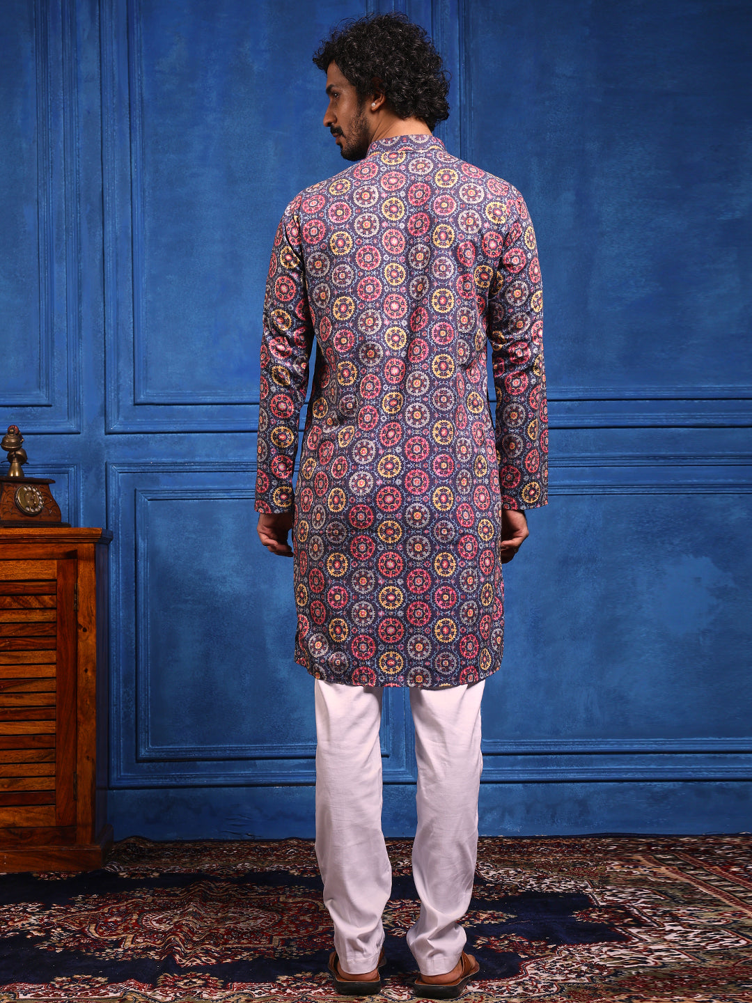 Navy Blue Multicolored Printed Linen Kurta