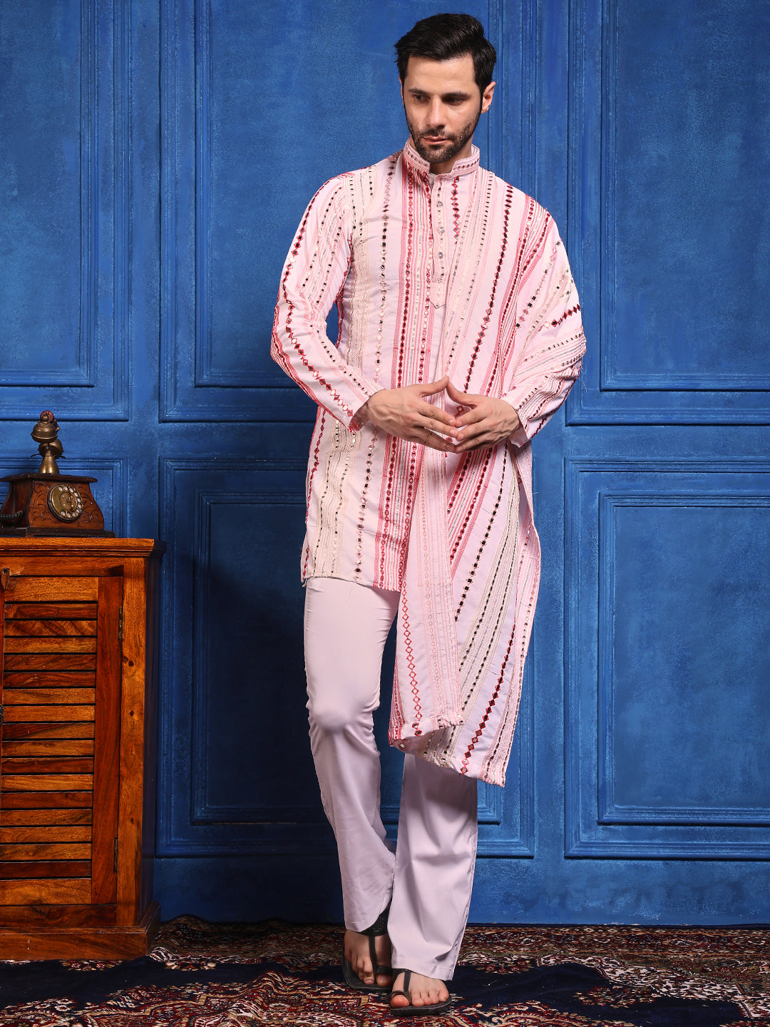 Rang Leheriya Pink Foiled Mirror Striped SHORT Kurta + dupatta Set.