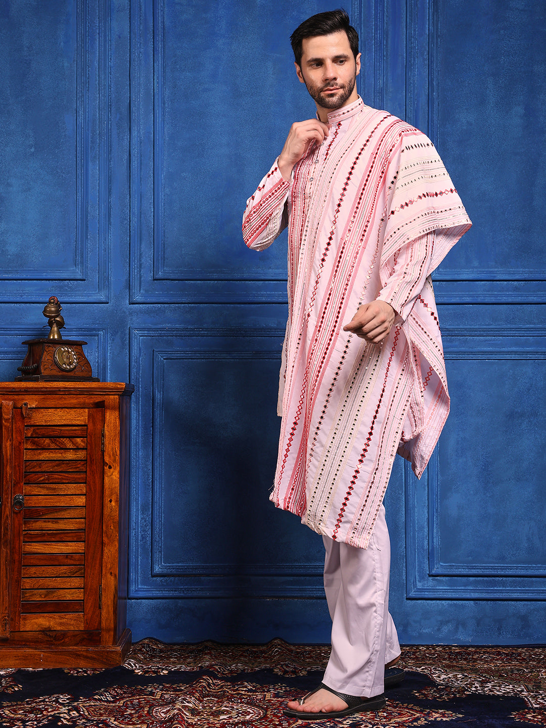 Rang Leheriya Pink Foiled Mirror Striped SHORT Kurta + dupatta Set.
