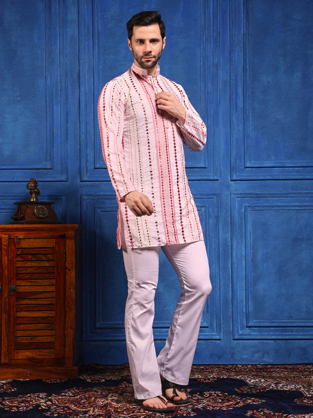 Rang Leheriya Pink Foiled Mirror Striped SHORT Kurta + dupatta Set.