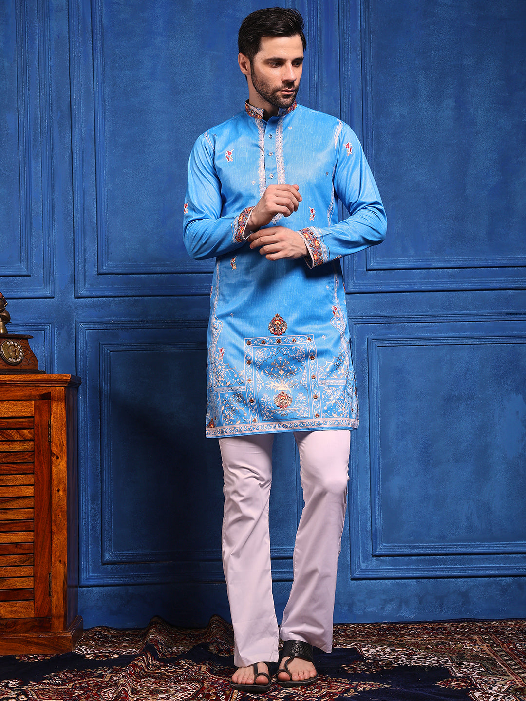Ocean Blue Foil Print On Cotton Satin Kurta