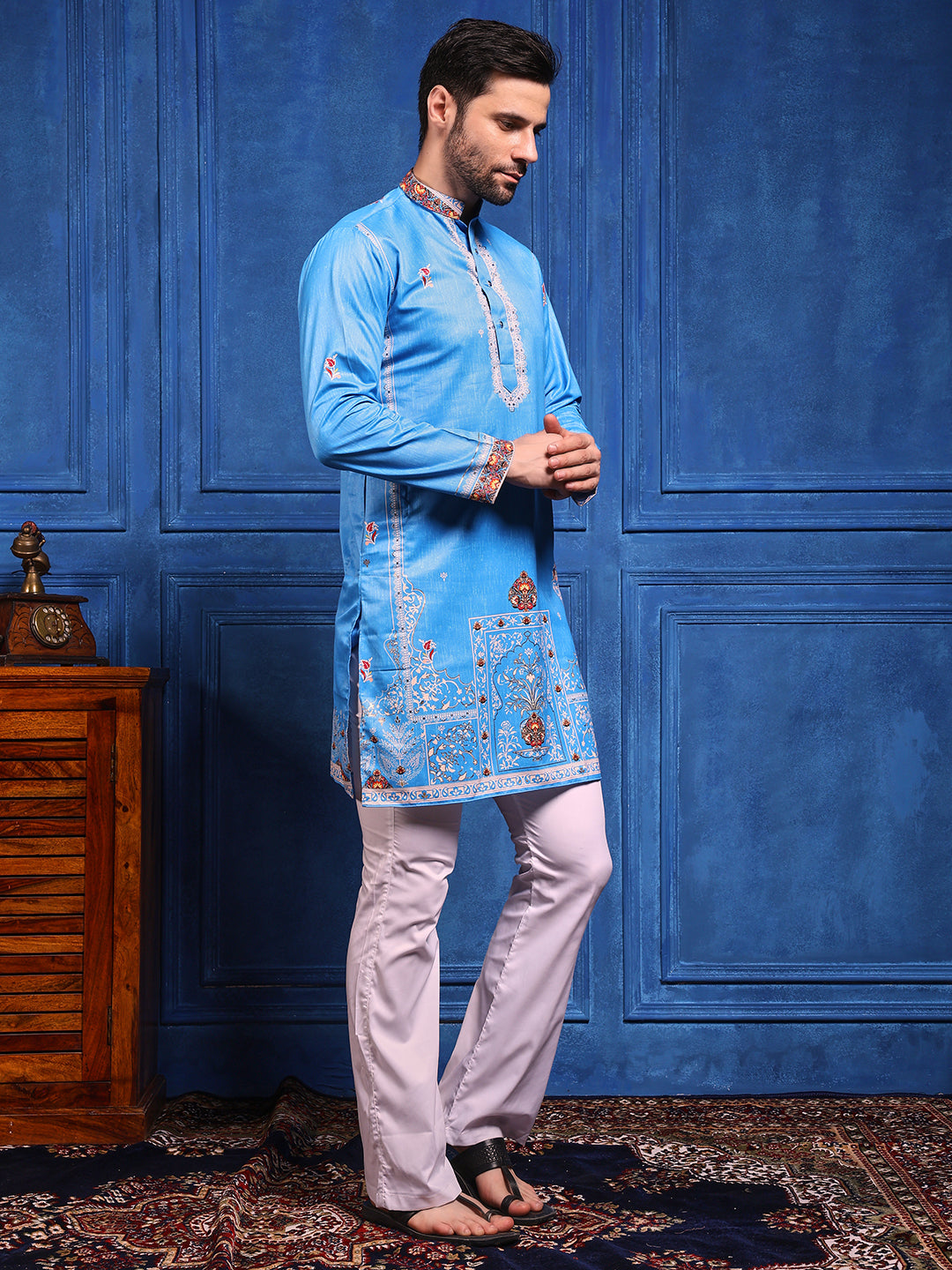 Ocean Blue Foil Print On Cotton Satin Kurta