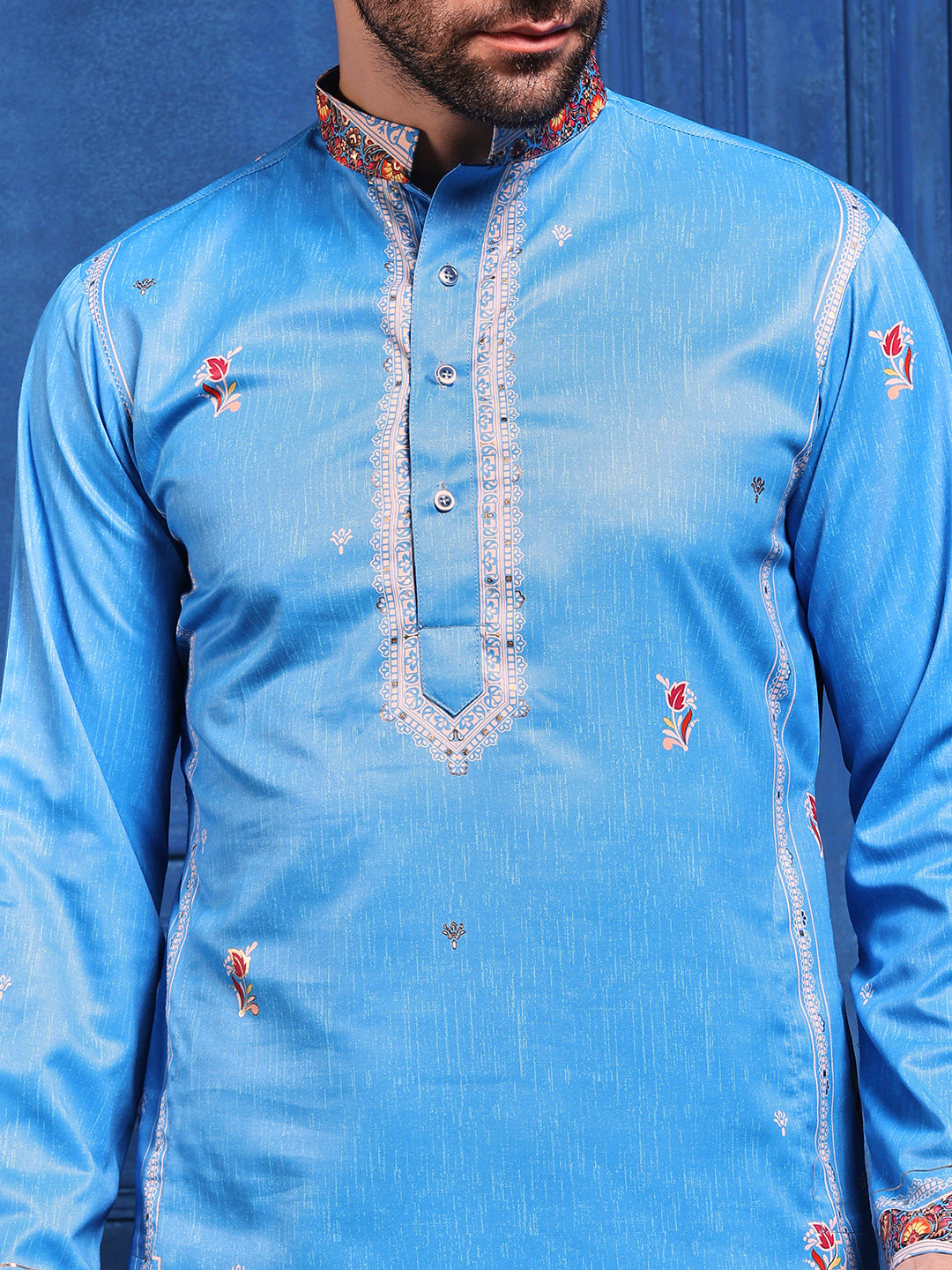Ocean Blue Foil Print On Cotton Satin Kurta