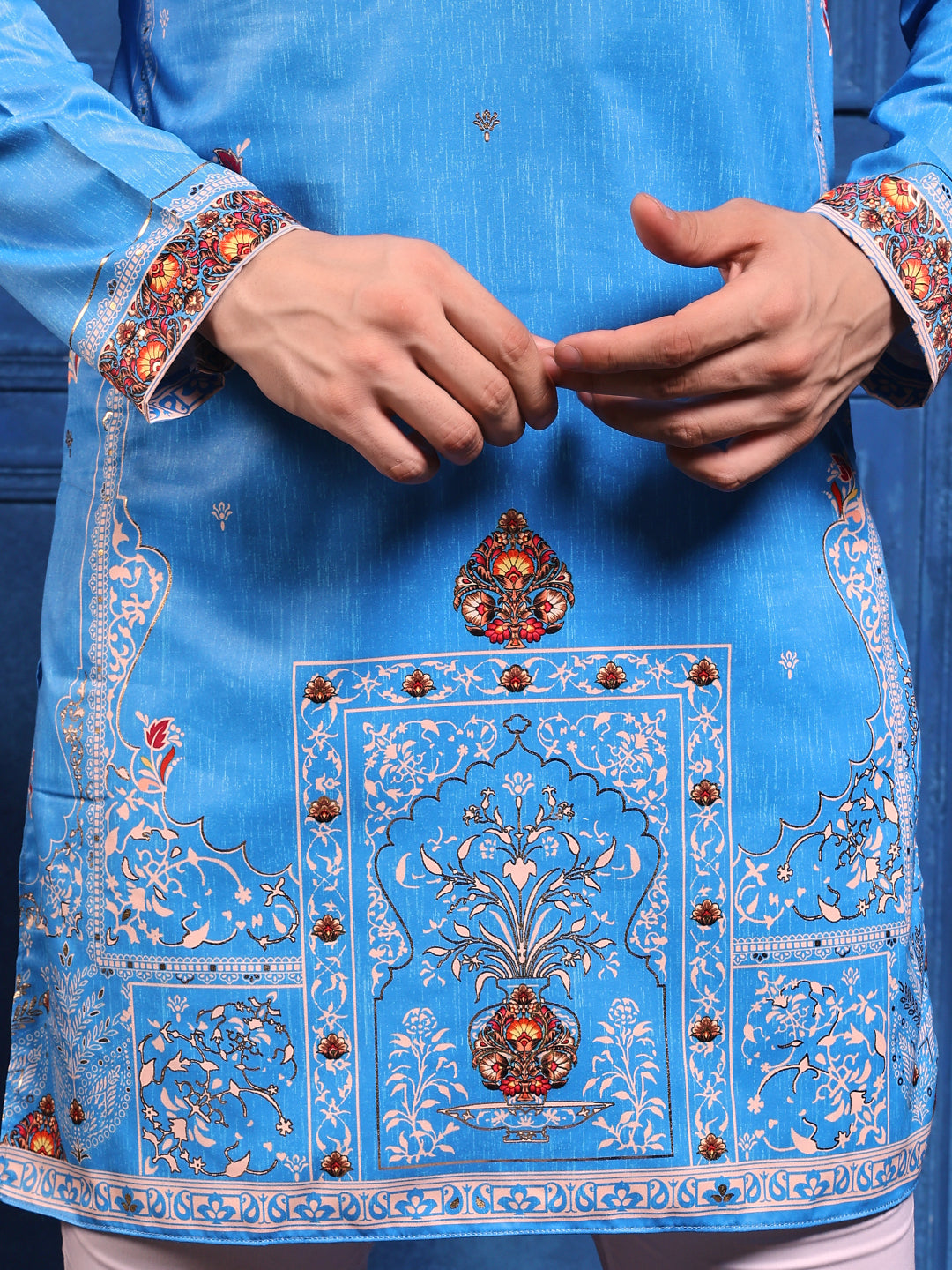 Ocean Blue Foil Print On Cotton Satin Kurta