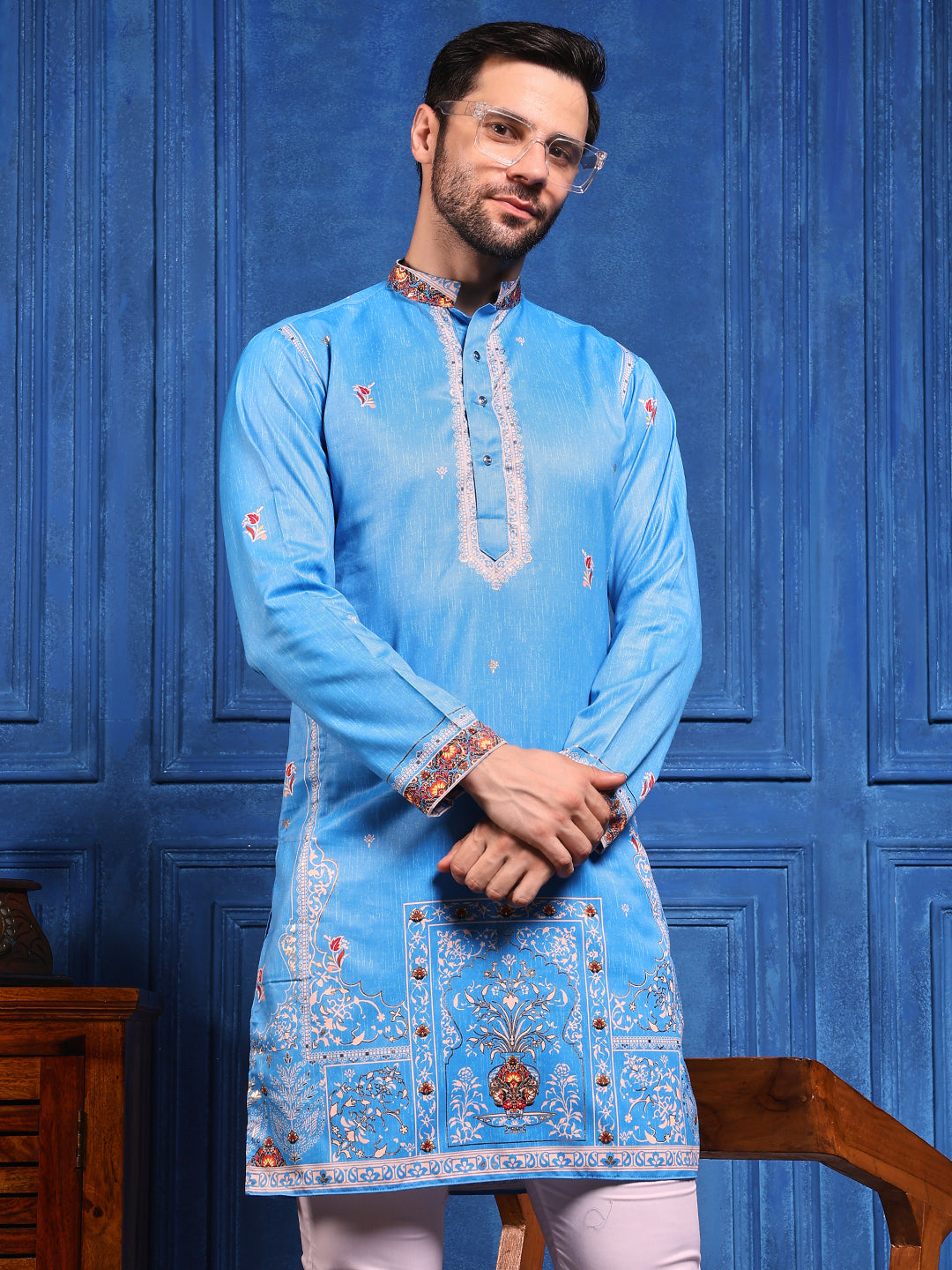 Ocean Blue Foil Print On Cotton Satin Kurta