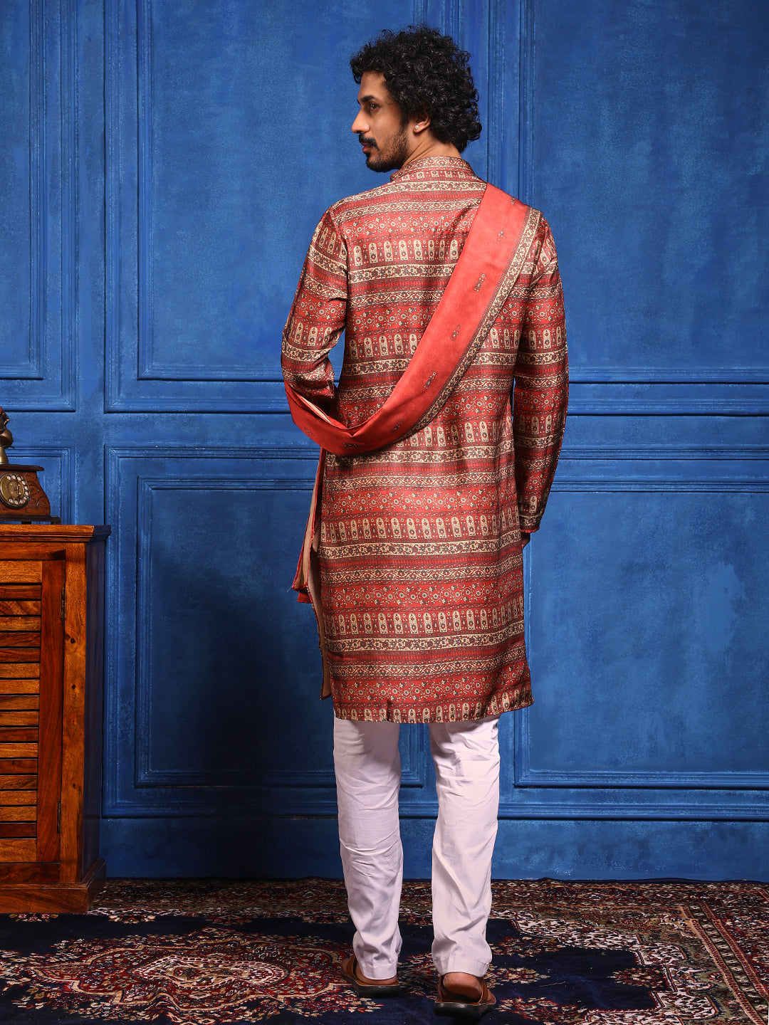 Red Structural Printed Cotton Silk Kurta Plus Dupatta pant Set