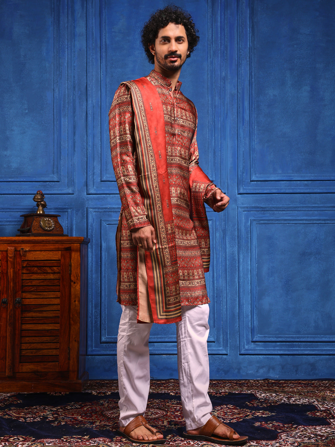 Red Structural Printed Cotton Silk Kurta Plus Dupatta pant Set