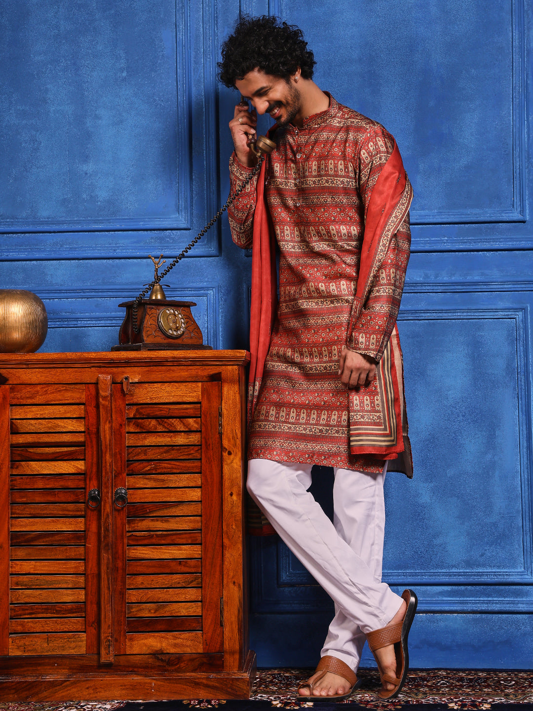 Red Structural Printed Cotton Silk Kurta Plus Dupatta pant Set