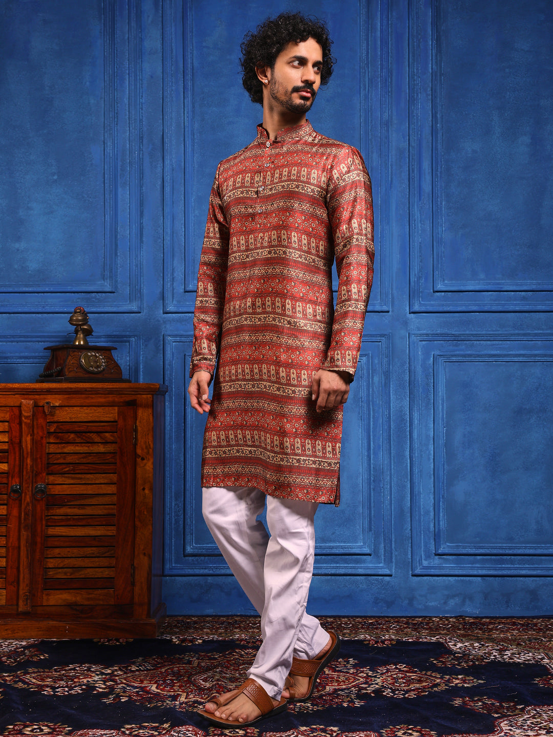 Red Structural Printed Cotton Silk Kurta Plus Dupatta pant Set