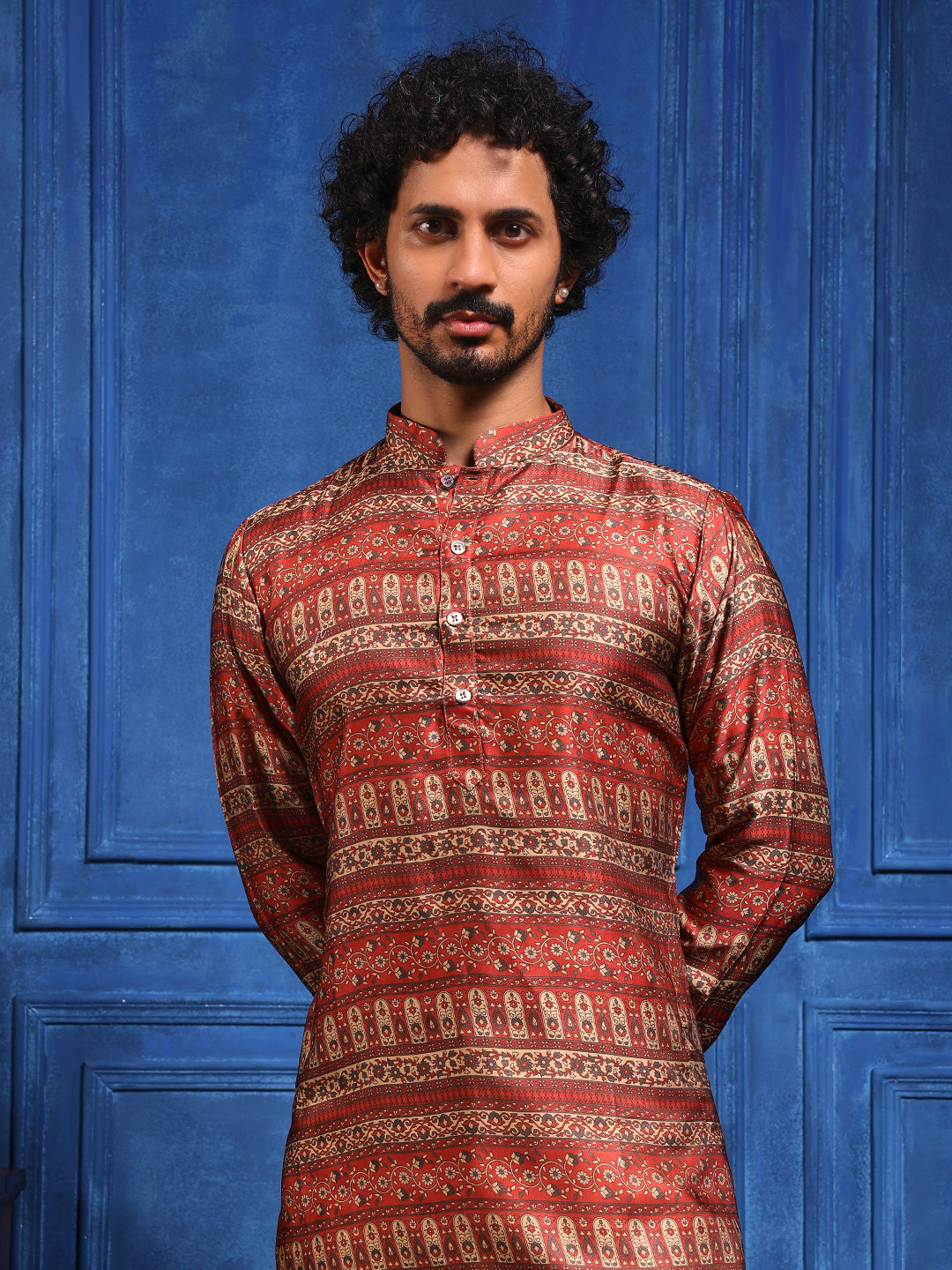 Red Structural Printed Cotton Silk Kurta Plus Dupatta pant Set