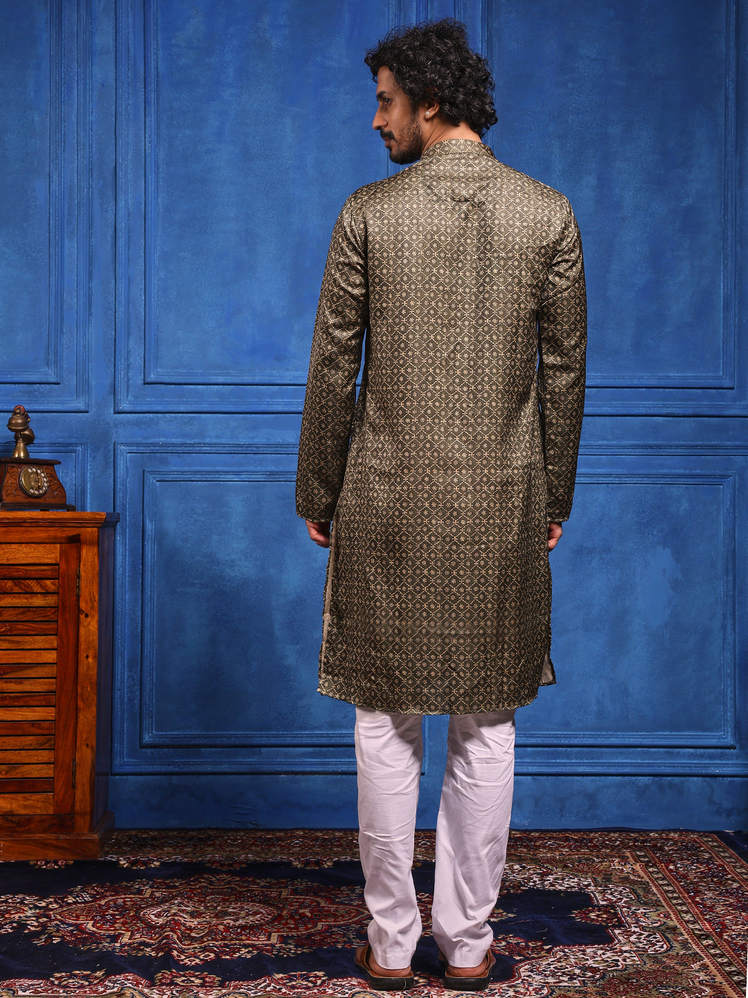 Dark Olive Structural Printed Cotton-Silk Kurta Plus Dupatta pant Set.