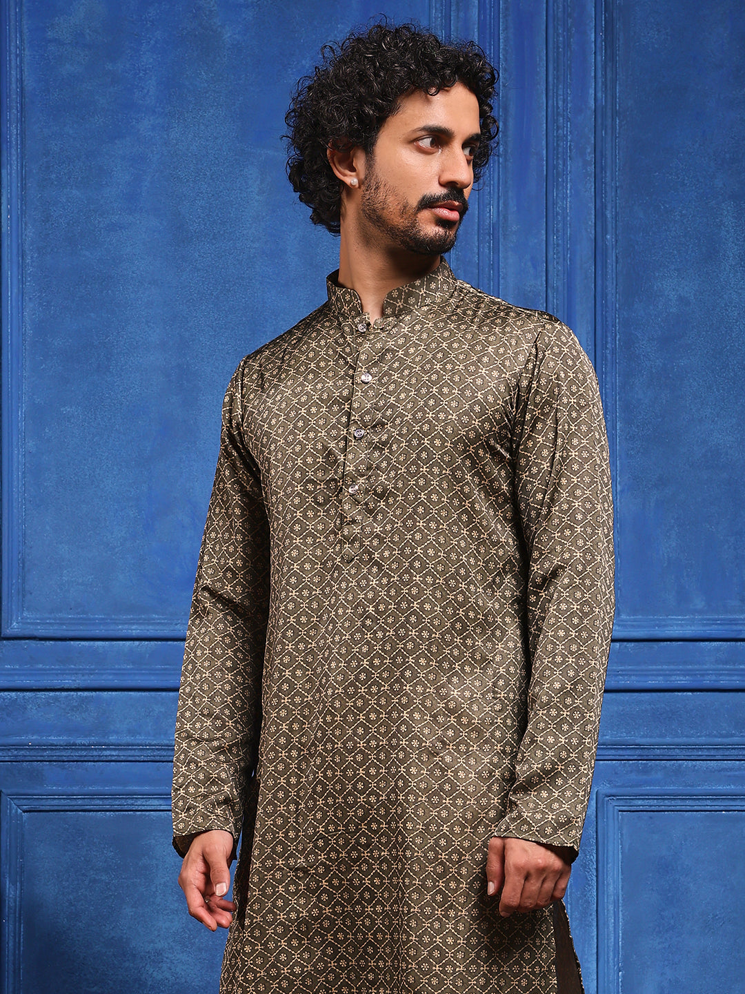 Dark Olive Structural Printed Cotton-Silk Kurta Plus Dupatta pant Set.
