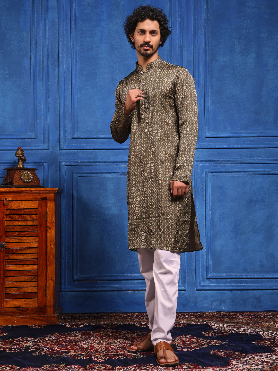 Dark Olive Structural Printed Cotton-Silk Kurta Plus Dupatta pant Set.