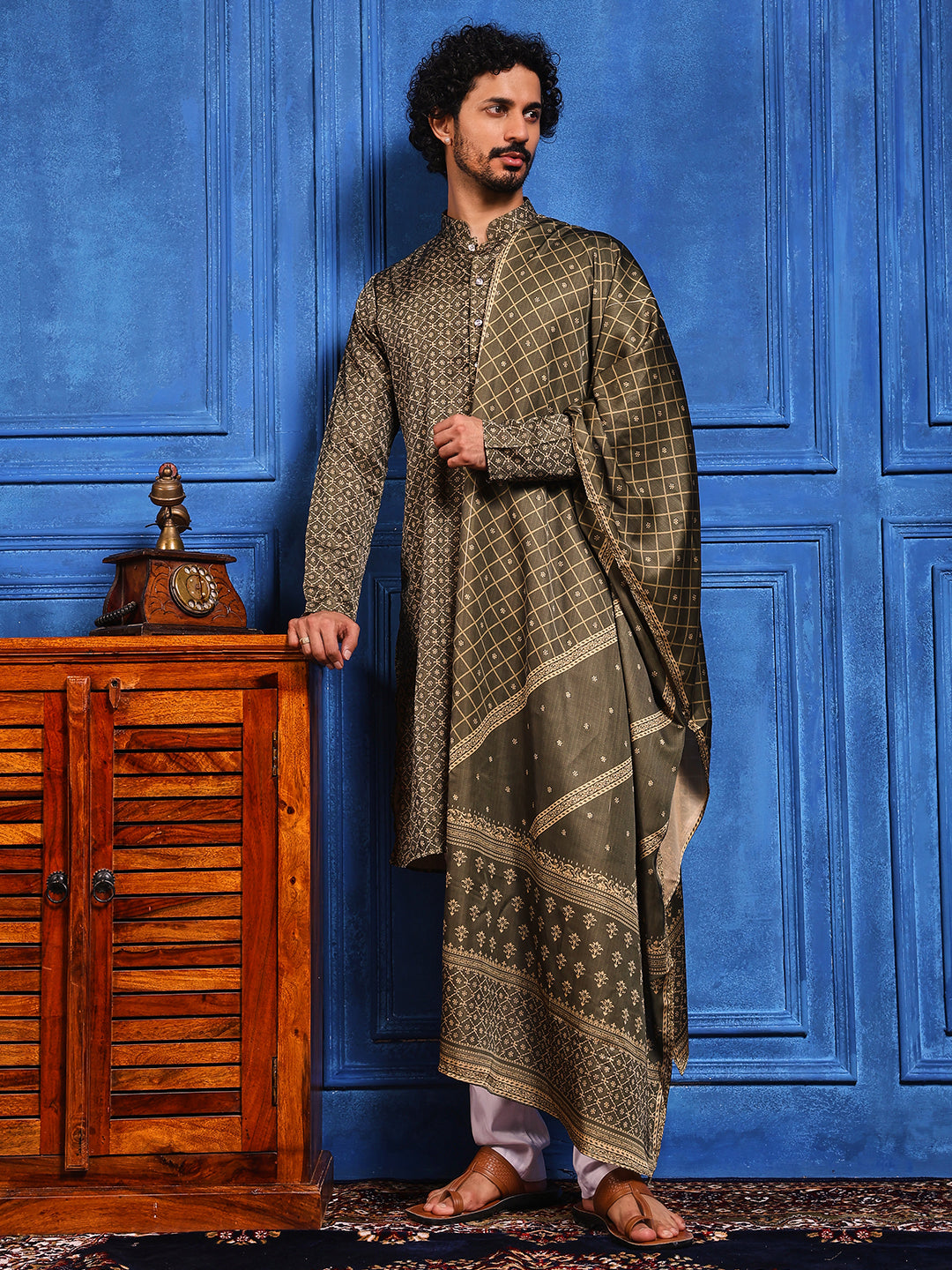Dark Olive Structural Printed Cotton-Silk Kurta Plus Dupatta pant Set.