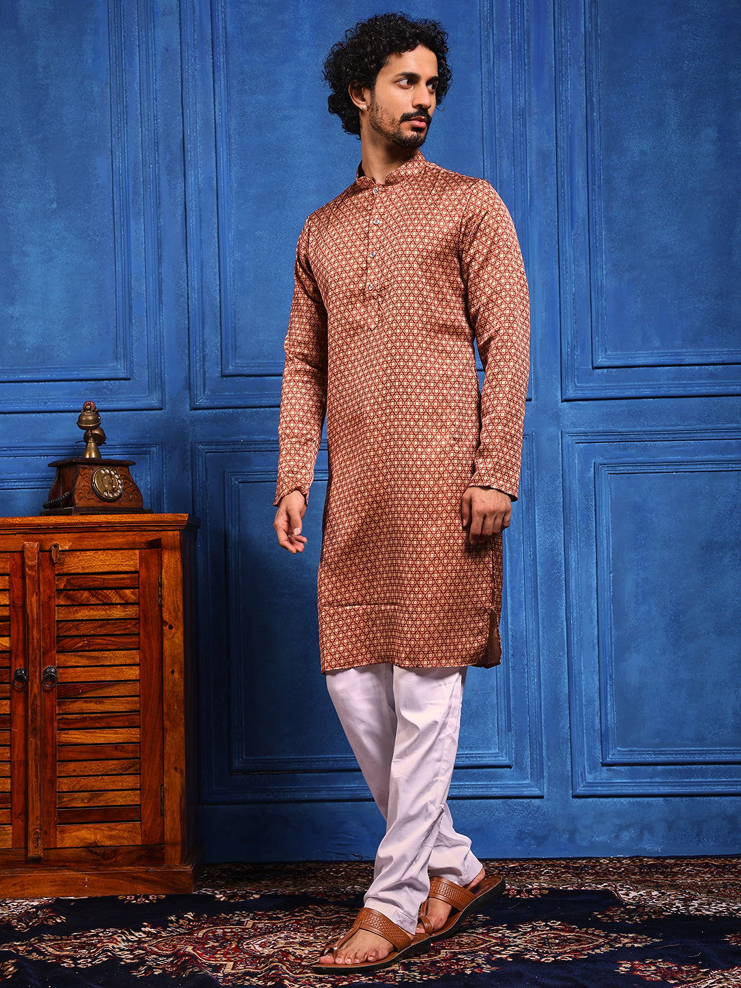 Rust Structural Printed Cotton Silk Kurta Plus Dupatta pant Set