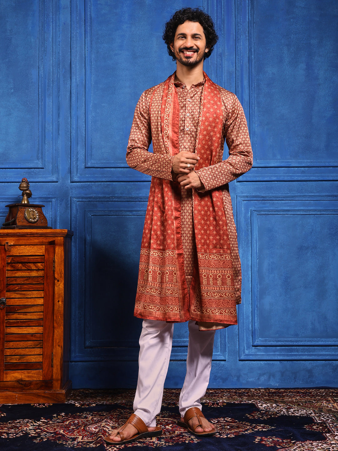 Rust Structural Printed Cotton Silk Kurta Plus Dupatta pant Set