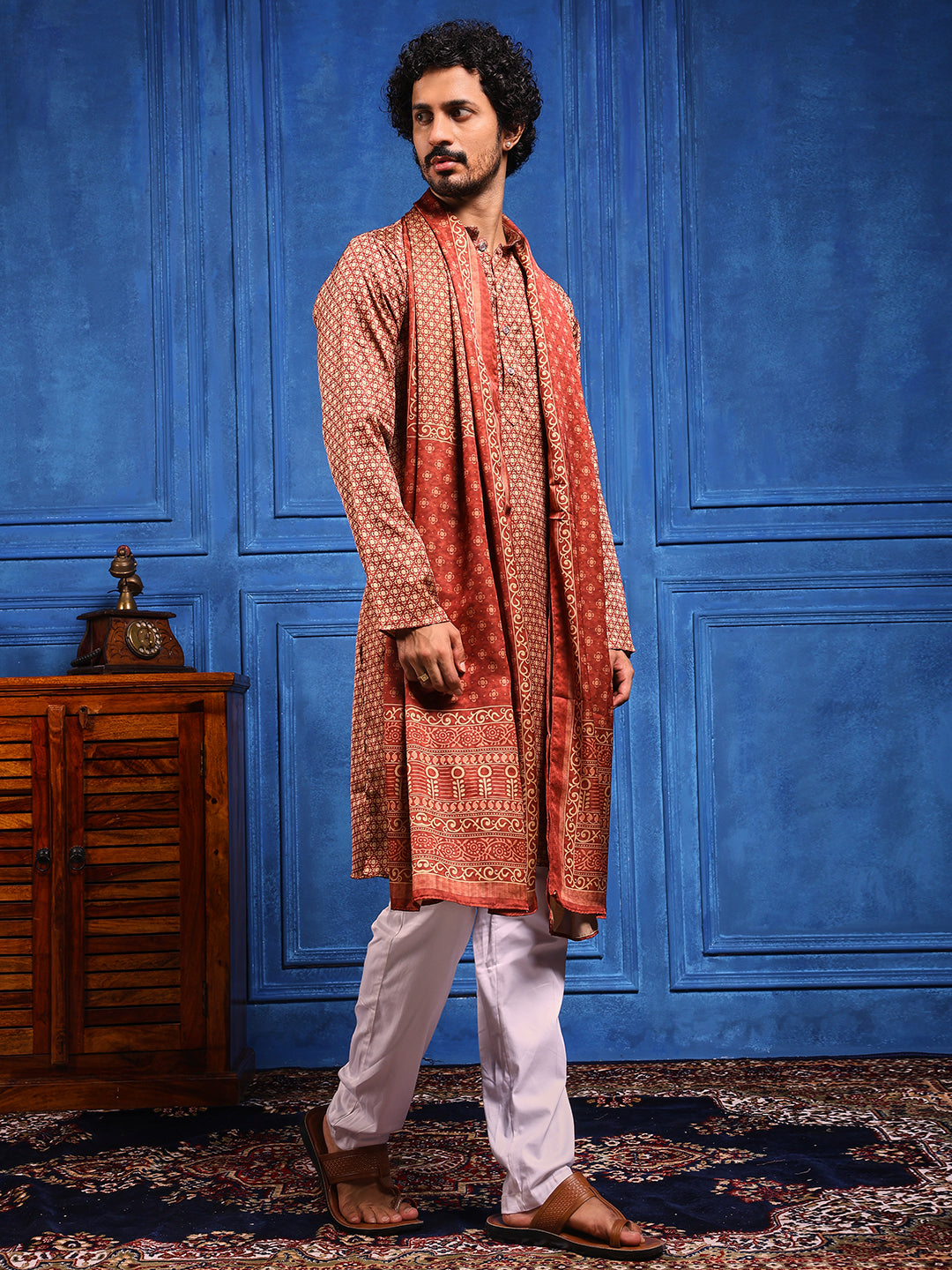 Rust Structural Printed Cotton Silk Kurta Plus Dupatta pant Set