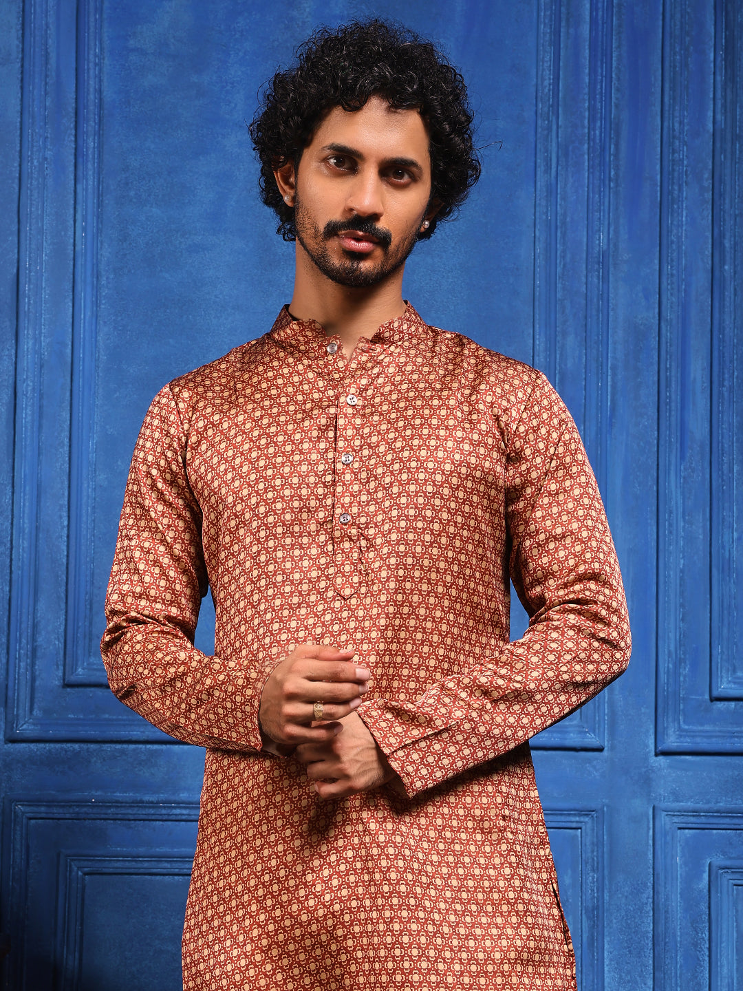Rust Structural Printed Cotton Silk Kurta Plus Dupatta pant Set