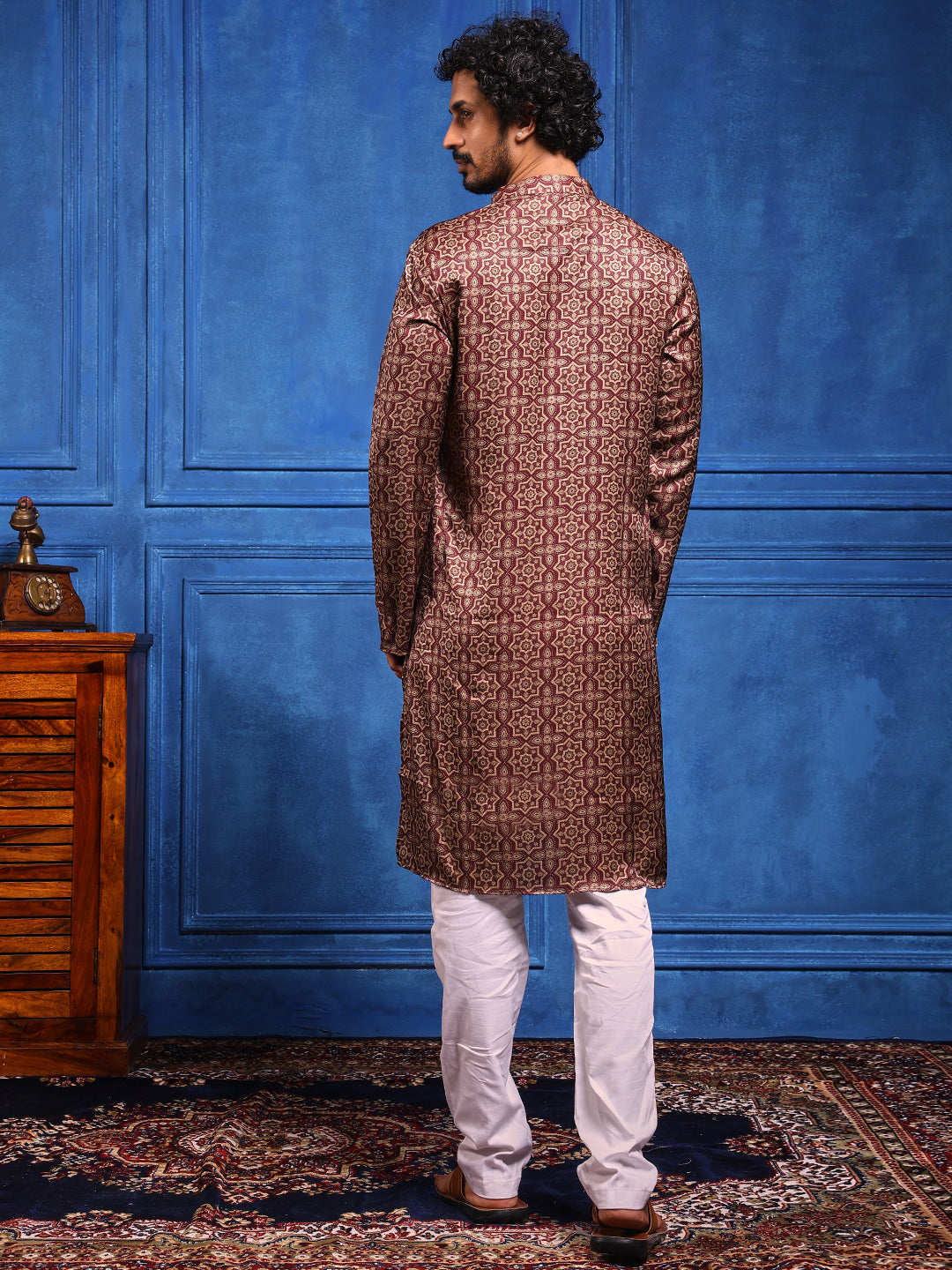 Burgundy Printed Cotton Silk Kurta Plus Dupatta pant Set