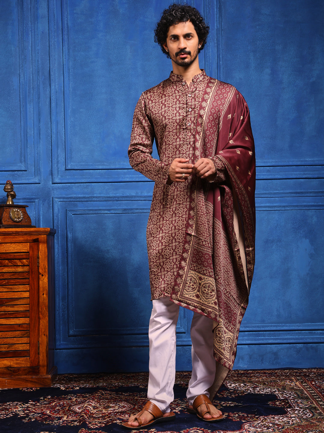 Burgundy Printed Cotton Silk Kurta Plus Dupatta pant Set