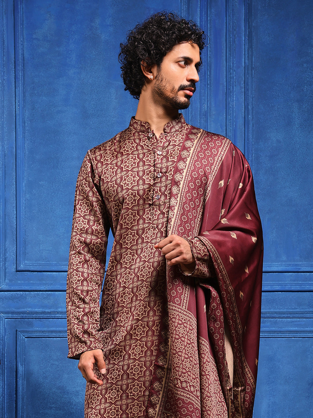 Burgundy Printed Cotton Silk Kurta Plus Dupatta pant Set